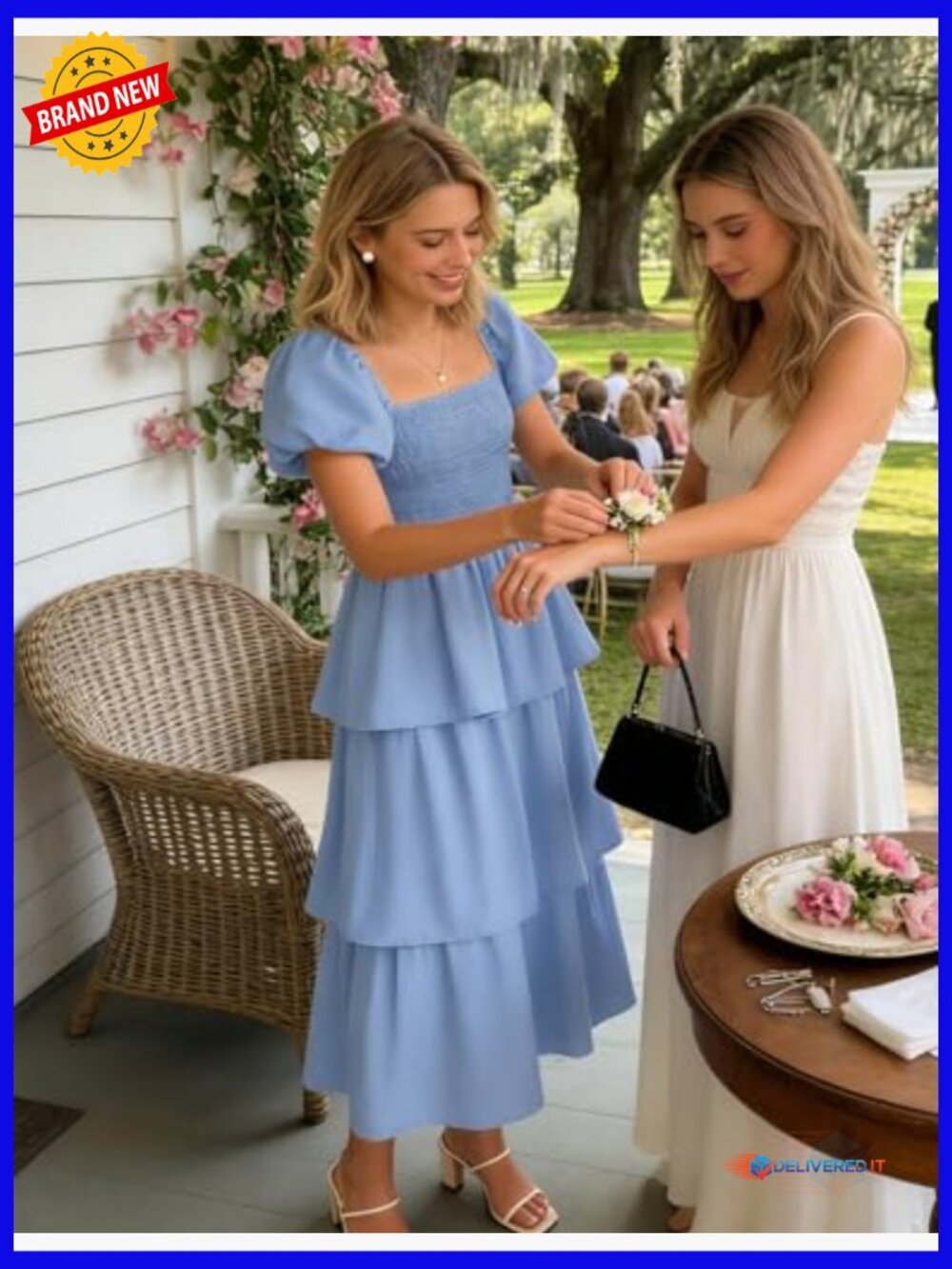 Lightweight Midi Dress with Puff Sleeves, Smocked Bodice, and Tiered Skirt - Picture 2 of 7